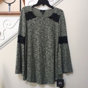 New Women’s Long Umbrella Sleeves Gray Black Lace on shoulders/sleeves Size L
